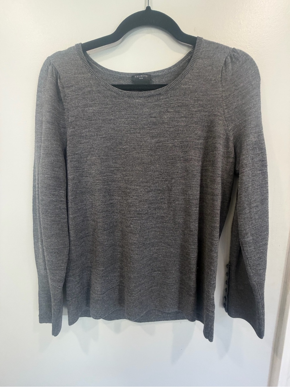 Talbots Grey Marino Wool Crewneck Sweater w/ feminine sleeve & button detail
